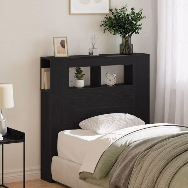 Berkfield Home Storage Headboard with LED Lights in Black Oak, W: 103.5 cm, D: 18.5 cm, H: 103.5 cm