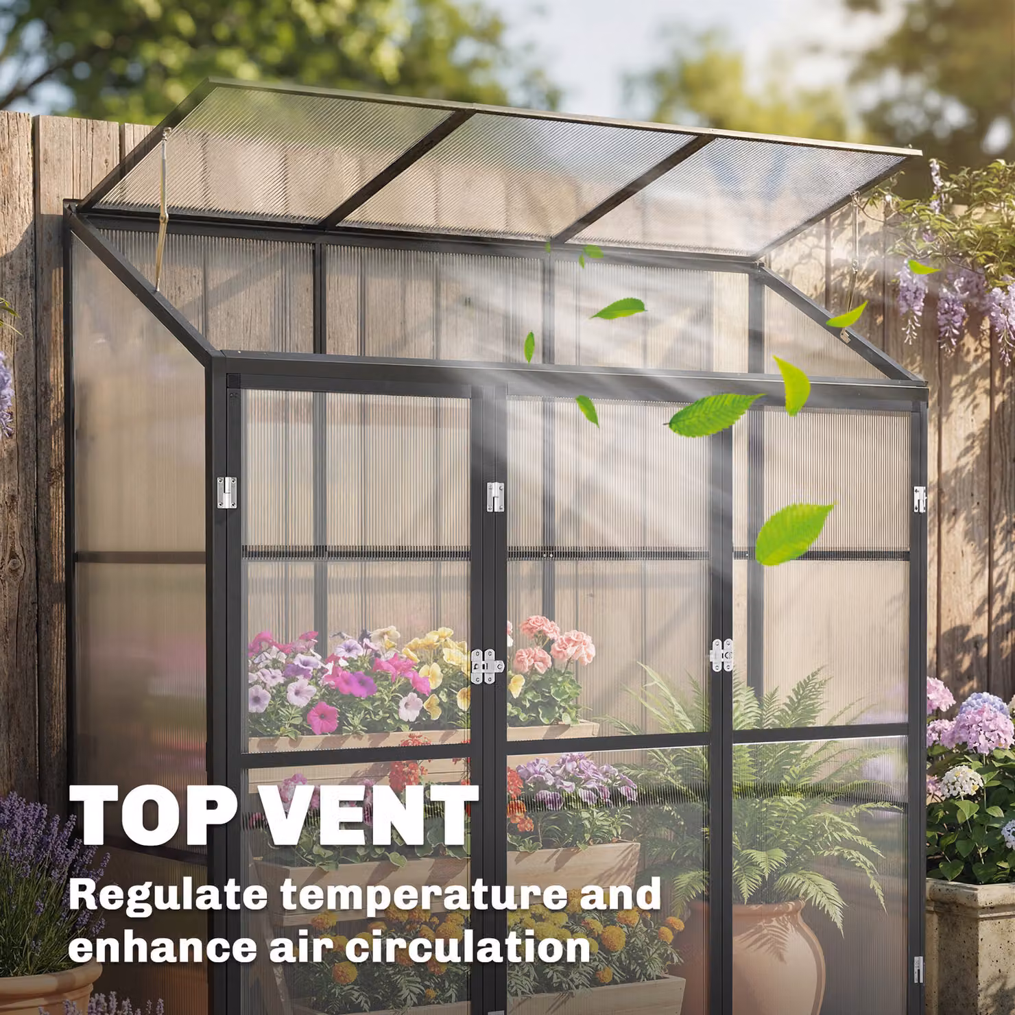 Outsunny Black Polycarbonate Lean-to Walk-in Greenhouse with 3 Hinged Doors and Top Vent – 8