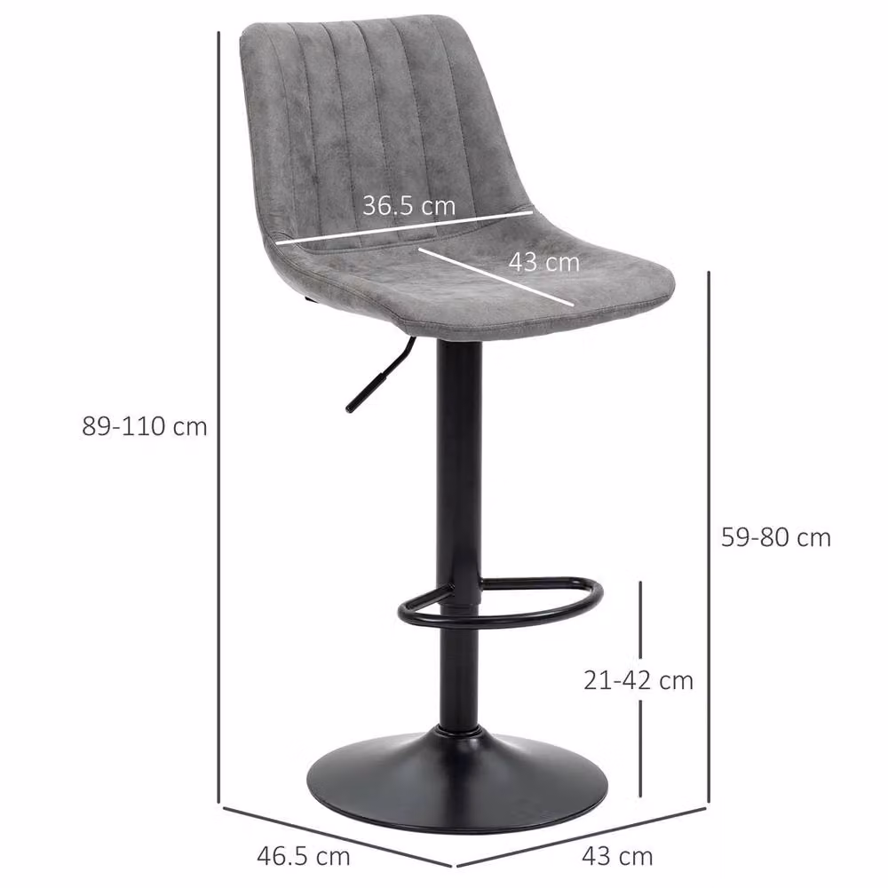 VOGREX Set of 2 Grey Microfibre Swivel Bar Stools with Metal Frame and Footrest, H 89 x W 43 x D 43 cm – 2