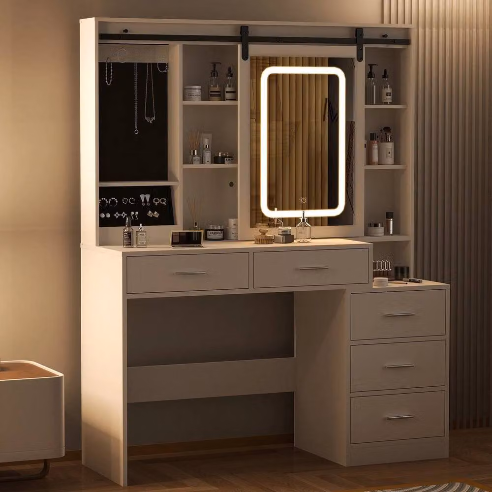 SPETLEK Large Modern White Dressing Table with Drawers and Sliding Hollywood LED Mirror – 3