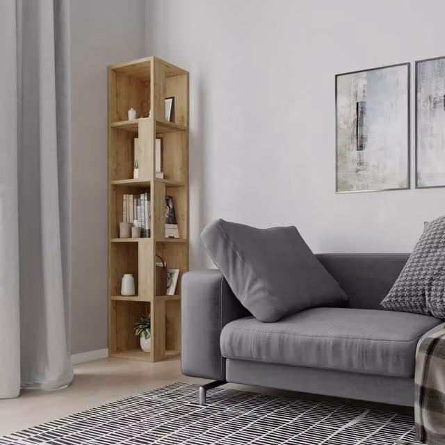 Decortie Modern 5-Tier Corner Bookcase Shelving Unit in Oak