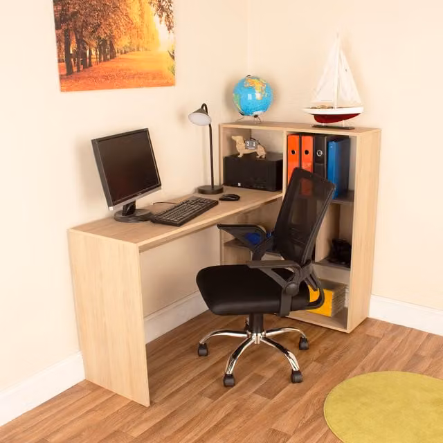 Core Products Ltd Harvard Home Office Corner Desk and Chair Set HR104 and LFCH28-BK in Washed Oak and Carbon Grey Oak Effect