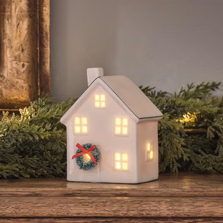 White Porcelain Light Up House with Mini Wreath for Christmas Decor
