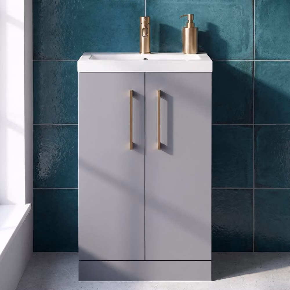 Balterley Modern Freestanding Bathroom Vanity Unit in Matt Satin Grey with Soft Close Hinged Doors, Width: 50 cm – 3