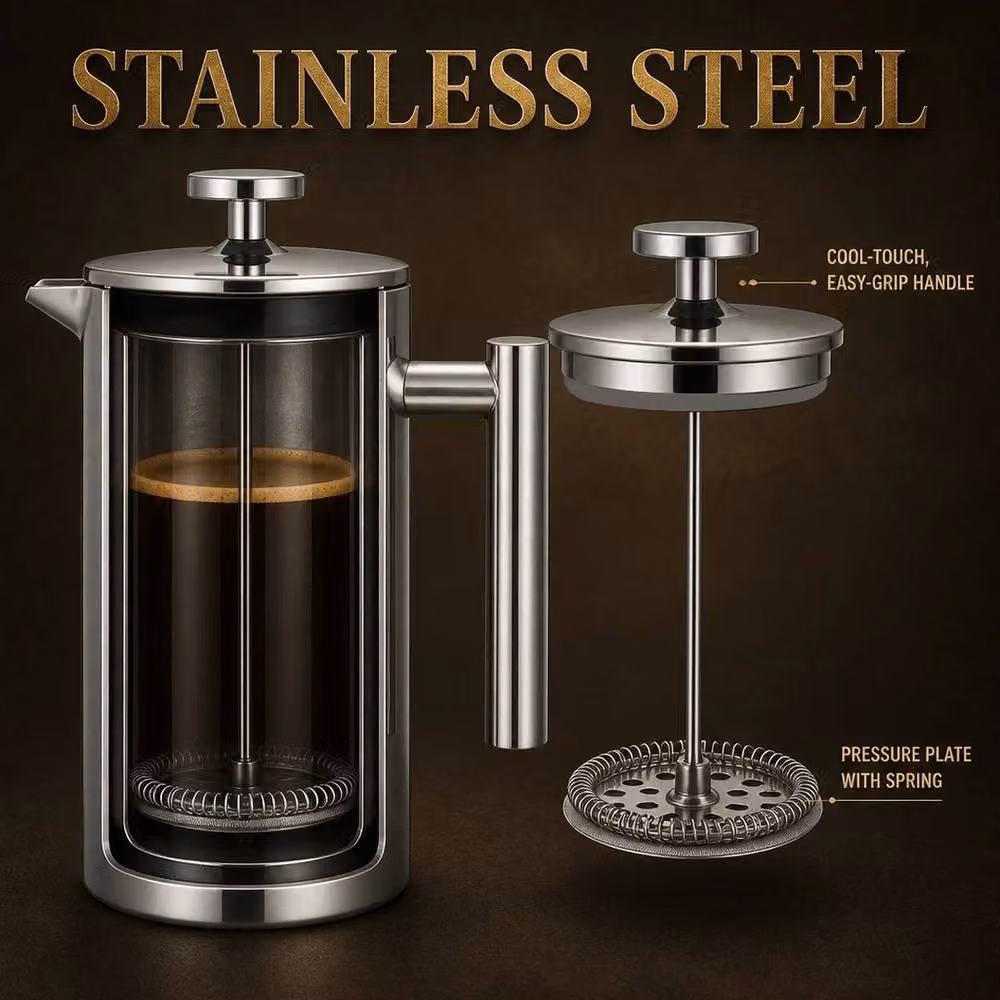 FLAVORA Stainless Steel Coffee French Press in Metallic Silver, 1000ml – 3