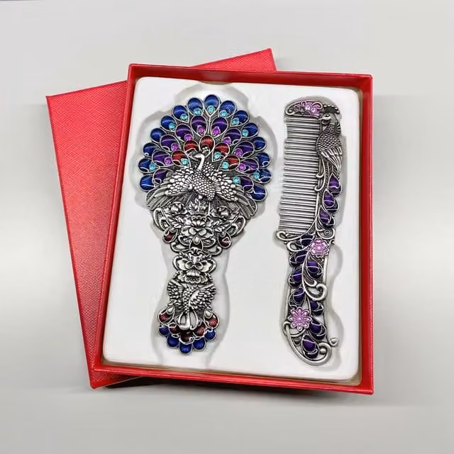 Leaper Style 1 Creative Metal Peacock Mirror and Comb Set in Blue
