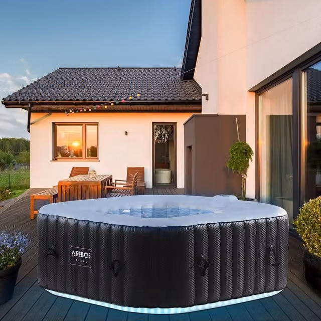 AREBOS Inflatable Square Whirlpool Spa Pool with LED, Black