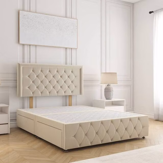 BSSPOKE Lena Small Double Divan Bed with 2 Drawers, 24 inch Headboard and Footend in Beige Plush Velvet, W/D/H: 120 x 200 x 30.48 cm