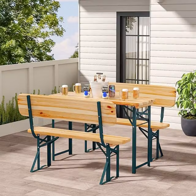 Livingandhome Brown and Yellow Treated Hardwood Outdoor Garden Patio Beer Table, Bench and Chairs Set
