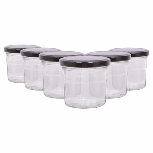 Argon Tableware Glass Jam Jars with Airtight Black Lids, 130ml, Pack of 6