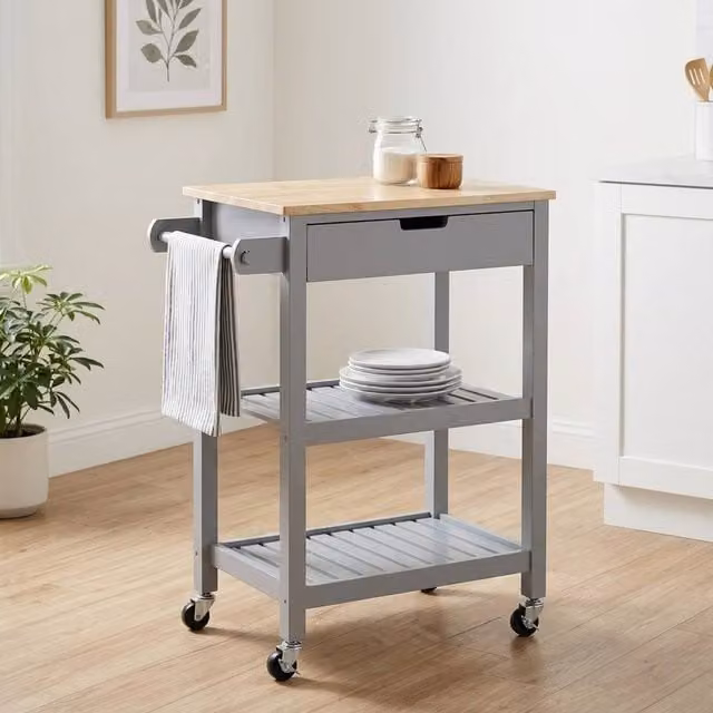 STILVORA Grey Lacquered Wood Kitchen Trolley with Drawer, Shelves and Towel Rack