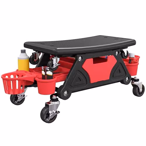 HOMCOM Rolling Mechanic Workshop Stool with Drawer, Red – 1