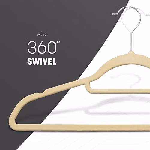 KEPLIN Velvet Non-Slip Clothes Hangers with Swivel Hook and Tie Bar, Beige, 50 Pack – 5