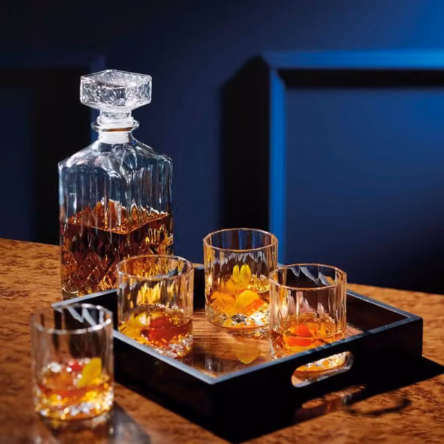 BarCraft Geometric Cut Glass Decanter Set with Stopper in Transparent