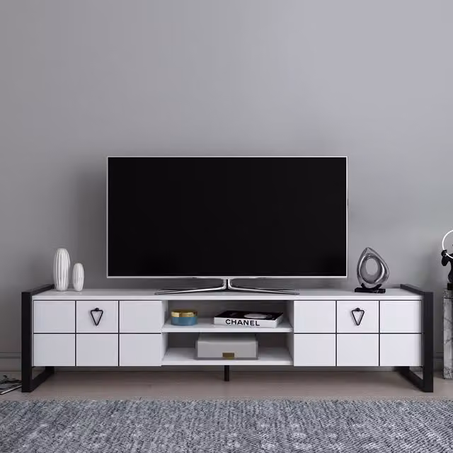 Decorotika Mila Modern TV Unit TV Stand in White and Black, W/D/H: 184 x 45 x 40 cm