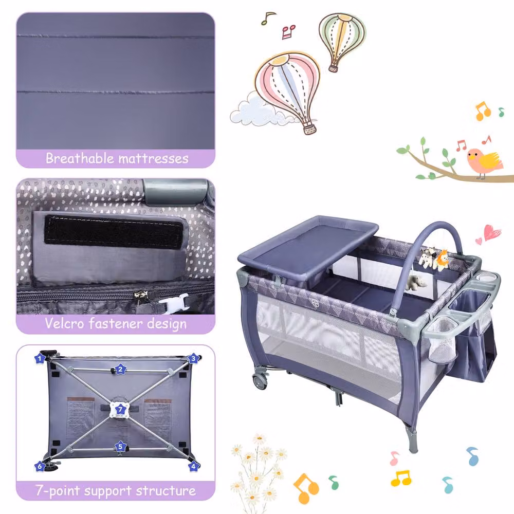 Costway Portable Baby Cot Bed with Changing Table, Playpen and Storage Shelves in Grey – 4