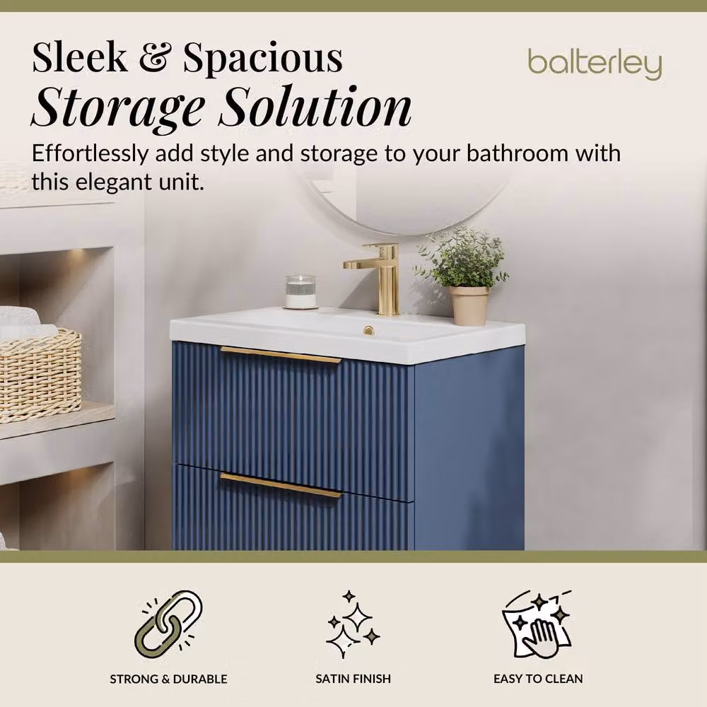Balterley Fluted Front Wall Hung 2 Drawer Vanity Basin Unit, Satin Blue, Width: 60 cm – 2