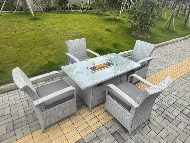 Fimous Rattan Outdoor Garden Furniture Set with Gas Fire Pit Table and 4 Chairs in Light Grey