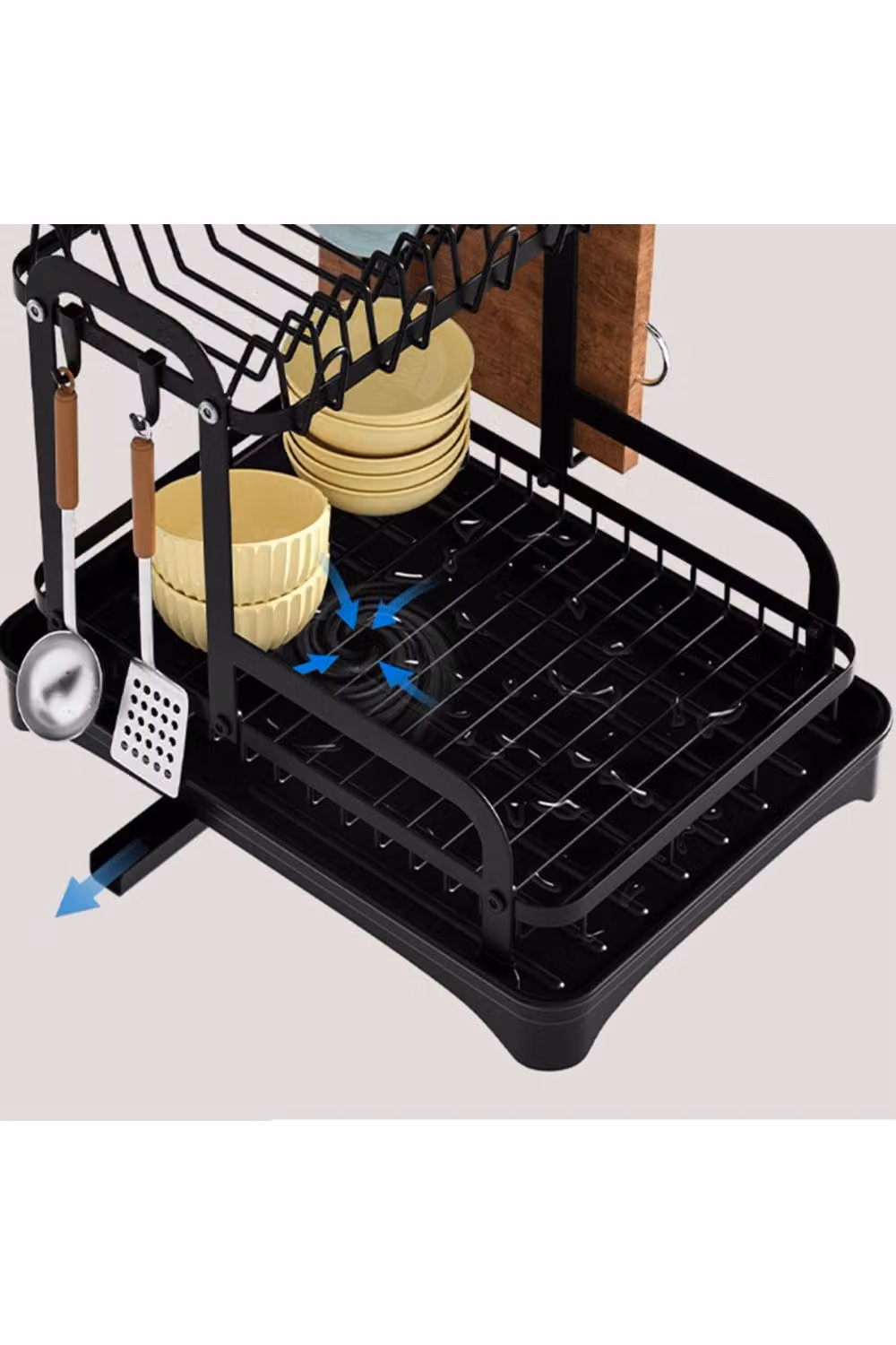 KDMD 2 Tier Dish Drainer Rack with Removable Drainboard and Cutlery Holder, Black – 4