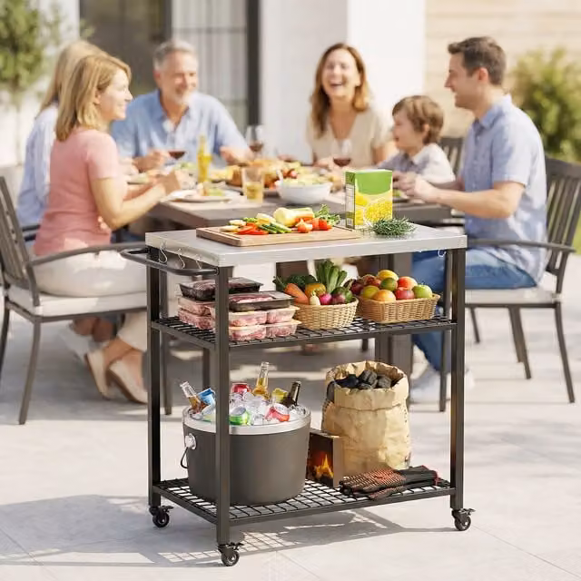 Outsunny Black Metal Outdoor Grill Cart with Stainless Steel Top and Wheels