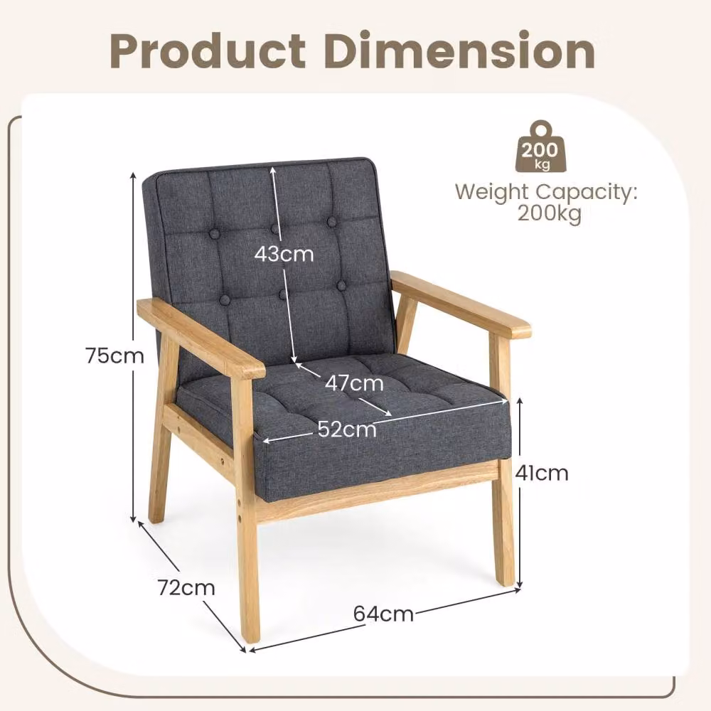 Costway Modern Upholstered Accent Sofa Chair in Grey with Rubberwood Armrests – 2