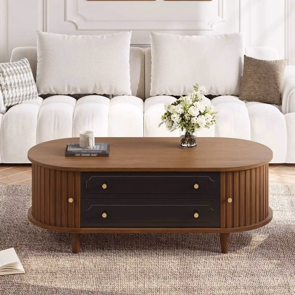 KORVIXA Brown and Black Coffee Table with Curved Tambour Doors and 2 Drawers, W/D/H: 100 x 100 x 36 cm – 3