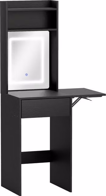HOMCOM Small Black Vanity Desk with LED Mirror, Drop Leaf Dressing Table with Open Shelves and Drawer, H 152 x W 40 x D 74.3 cm – 1