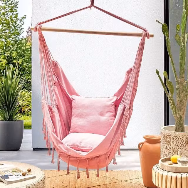 Wyld and Coco Pink Cotton-Polyester Boho Hanging Hammock Chair with Beech Wood