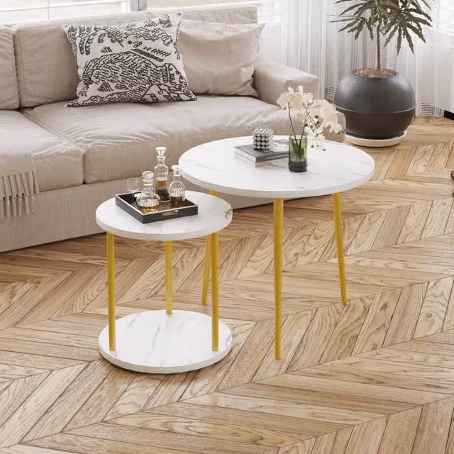 VOGREX Set of 2 White Round Nesting Coffee Tables with Storage Shelf