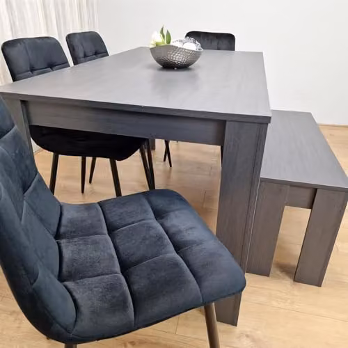 KOSY KOALA Modern 6 Seater Dining Set with Rectangular Dark Grey Table, 4 Black Velvet Chairs and 1 Bench, W/D/H: 140 x 80 x 75 cm – 4