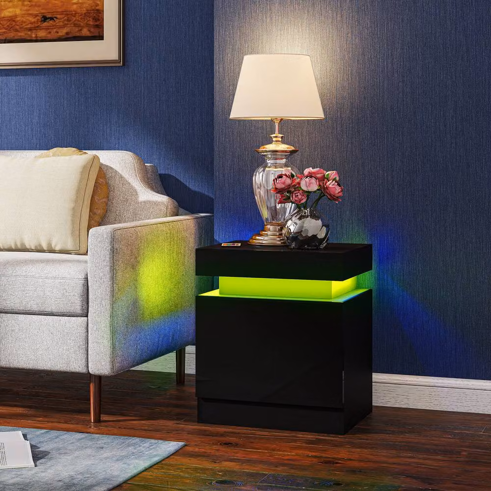 STILVORA Modern Black Glossy Bedside Table with Integrated LED Lighting and 2 Drawers – 10