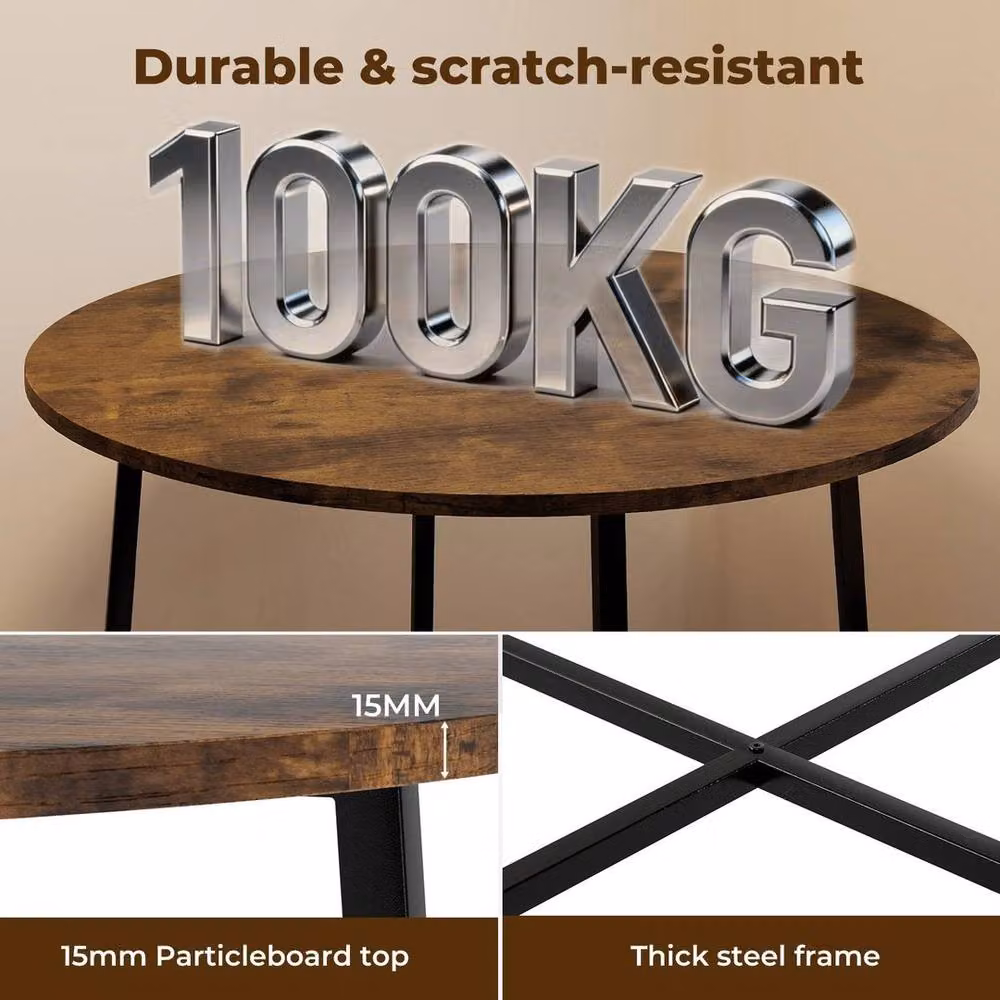 KORVIXA Round Industrial Dining Table for 4 People with Wood Top and Metal Base, Brown, Diameter: 80 cm – 4