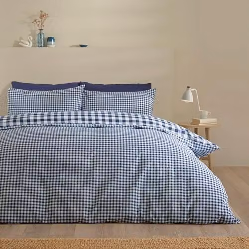 Catherine Lansfield Bamford Gingham Check Reversible Duvet Cover and Pillowcase Set, Blue, W/D/H: 200 x 200 cm, Pillowcases: 50 x 75 cm