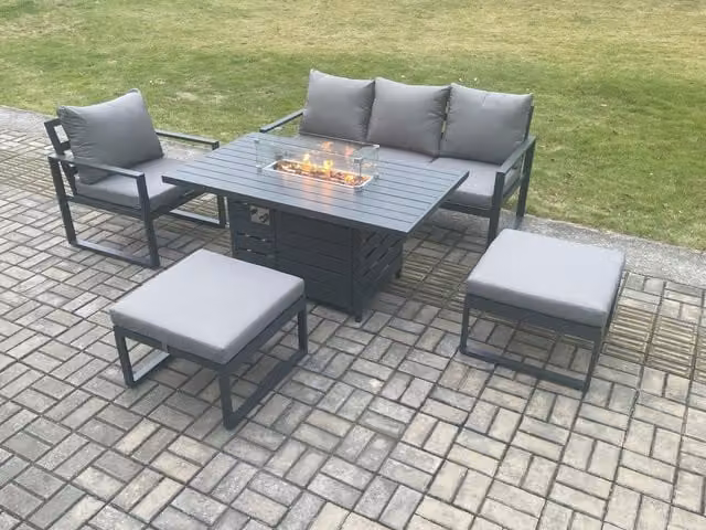 Fimous 5 Piece Aluminium Garden Furniture Set with Gas Fire Pit Dining Table, Cushions and 2 Footstools in Dark Grey