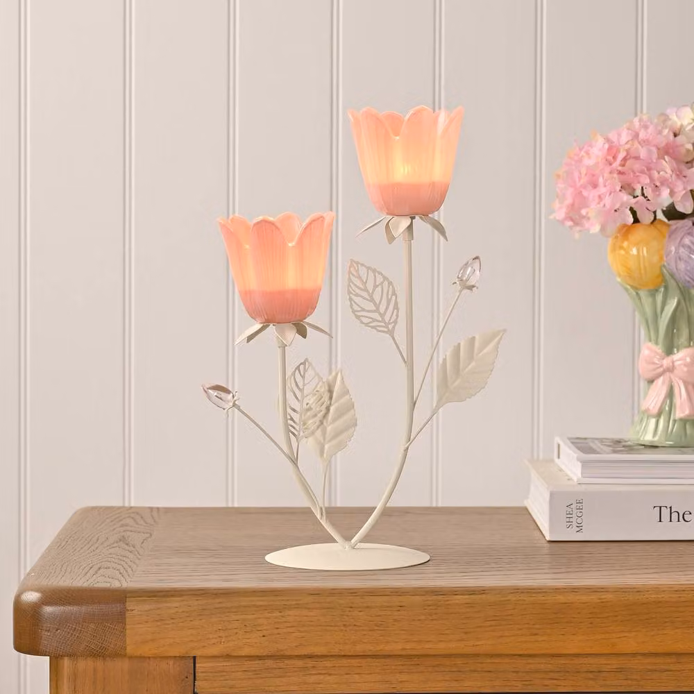 Hestia Pink and Cream Floral Metal Double Candle Holder for Taper, Dinner or Tealight Candles – 2