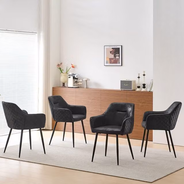 SONARA Set of 4 Modern Black Faux Suede Dining Chairs with Armrests and Metal Legs