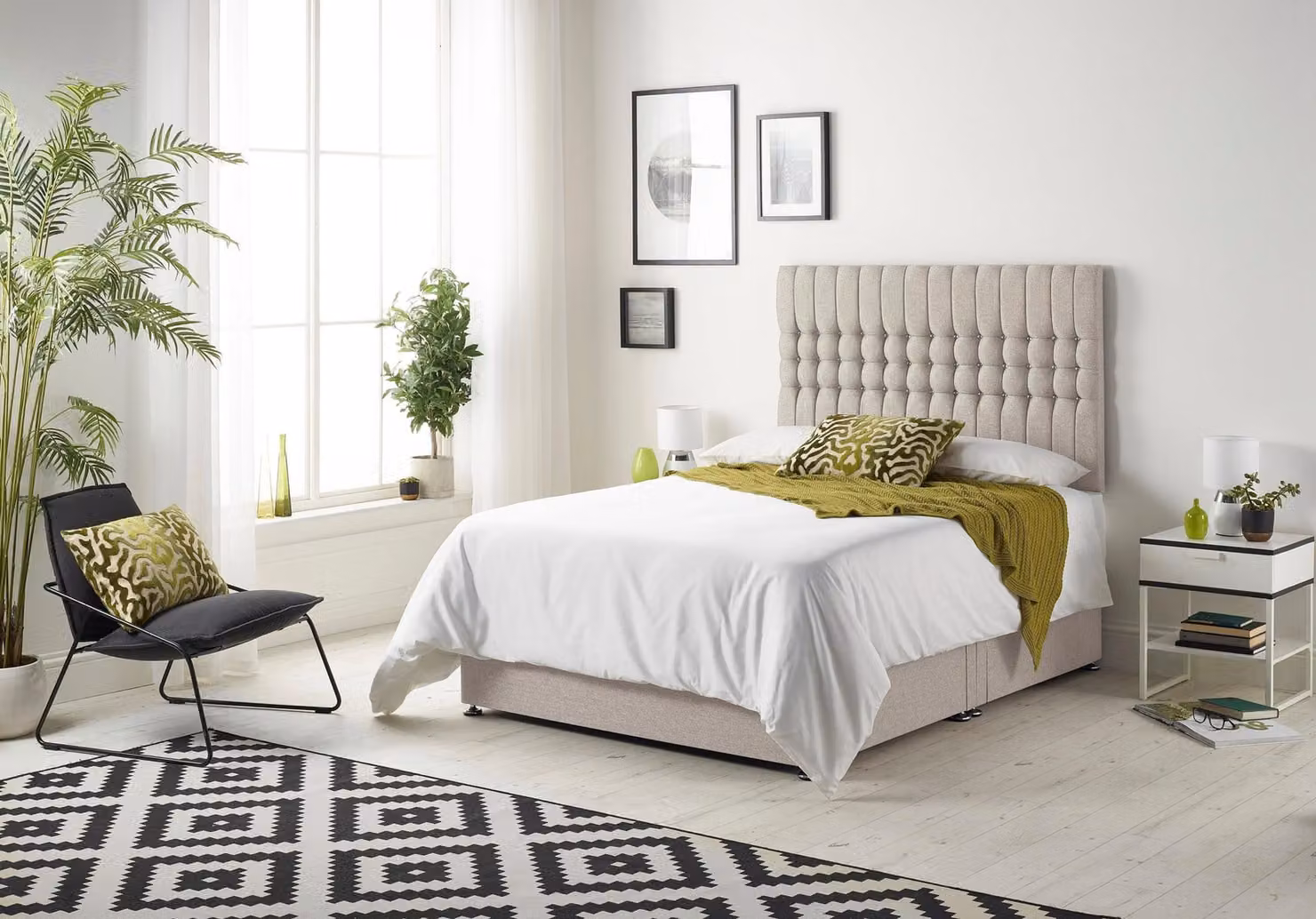 Somnior Galaxy Hybrid Sprung Memory Foam Divan Bed with Headboard in Beige Velvet Fabric, Small Single – 1