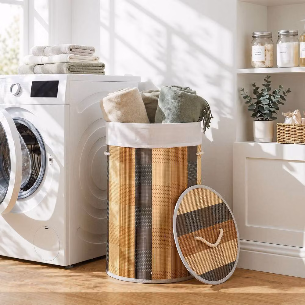 Gymax 50L Round Bamboo Laundry Hamper with Removable Lid and Handles in Brown – 3