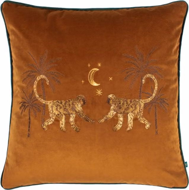 Wylder Tropics Dusk Monkey Orange Velvet Embroidered Square Cushion W/D/H: 50 x 50 x 50 cm