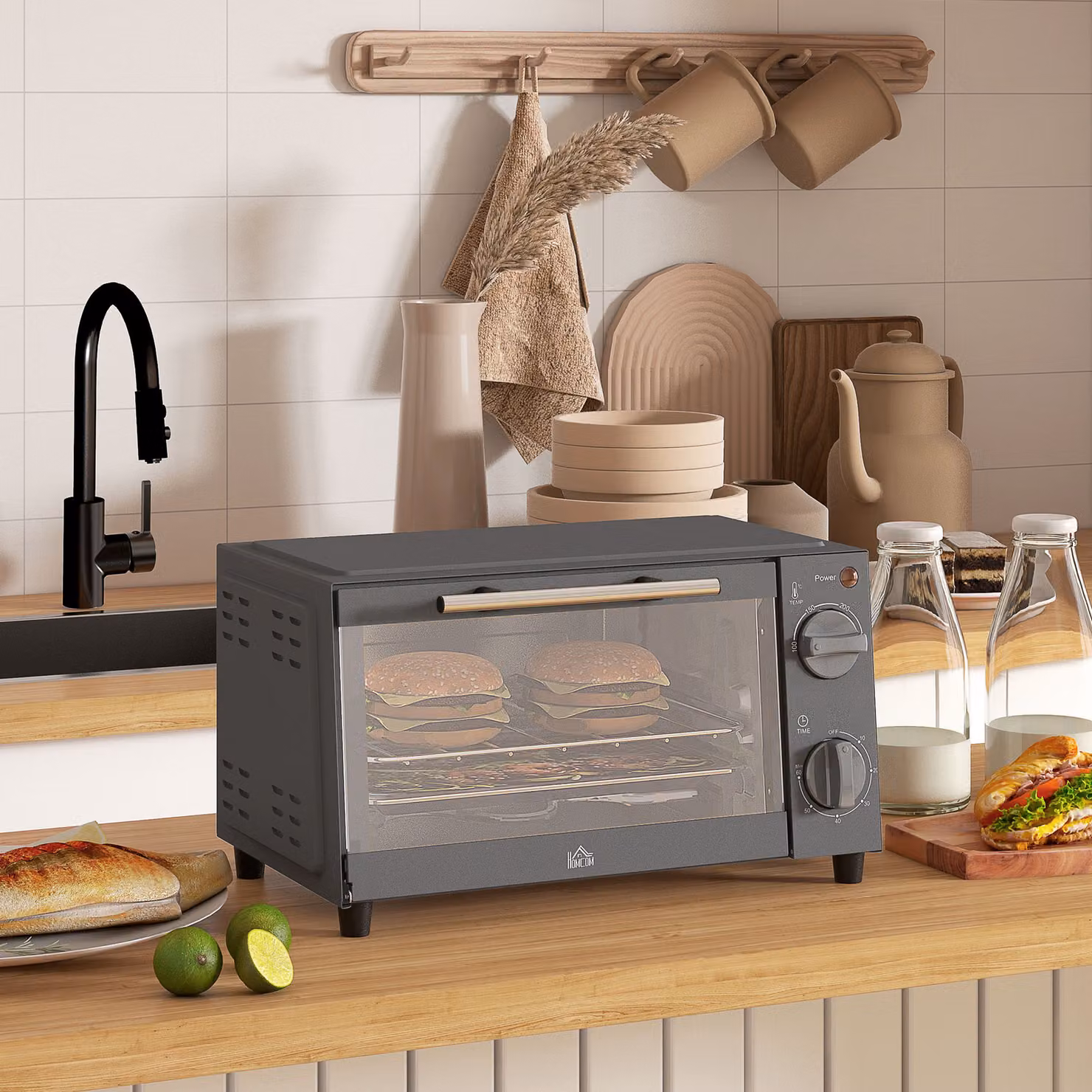 HOMCOM 9L Mini Countertop Electric Grill and Toaster Oven with Adjustable Temperature, Timer and Baking Tray, Grey – 2