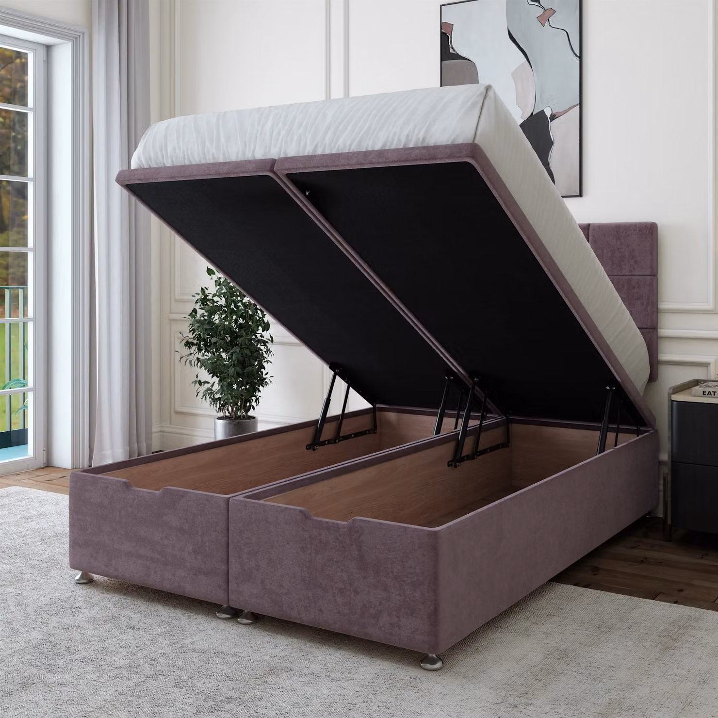 Bedmaster Luxury Velvet Ottoman Divan Base and Square Headboard in Mauve, W/D: 120 x 200 cm – 2