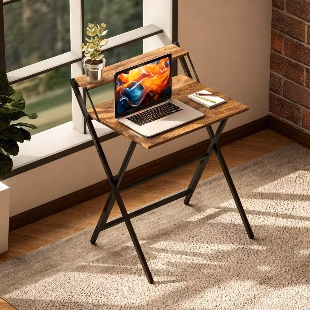 STILVORA Folding Computer Desk with Monitor Shelf in Rustic Brown – 2