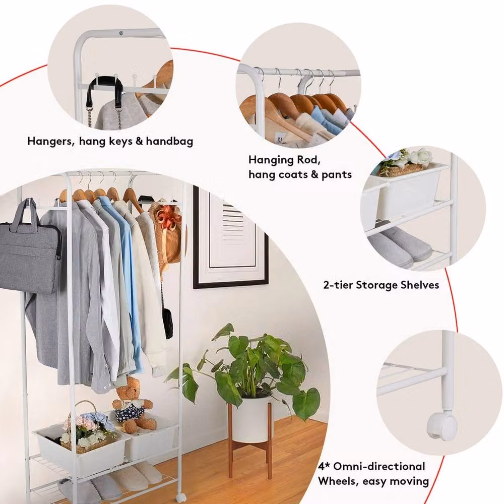NESTLUNE Mobile Clothes Rail Garment Hanging Rack in White – 4