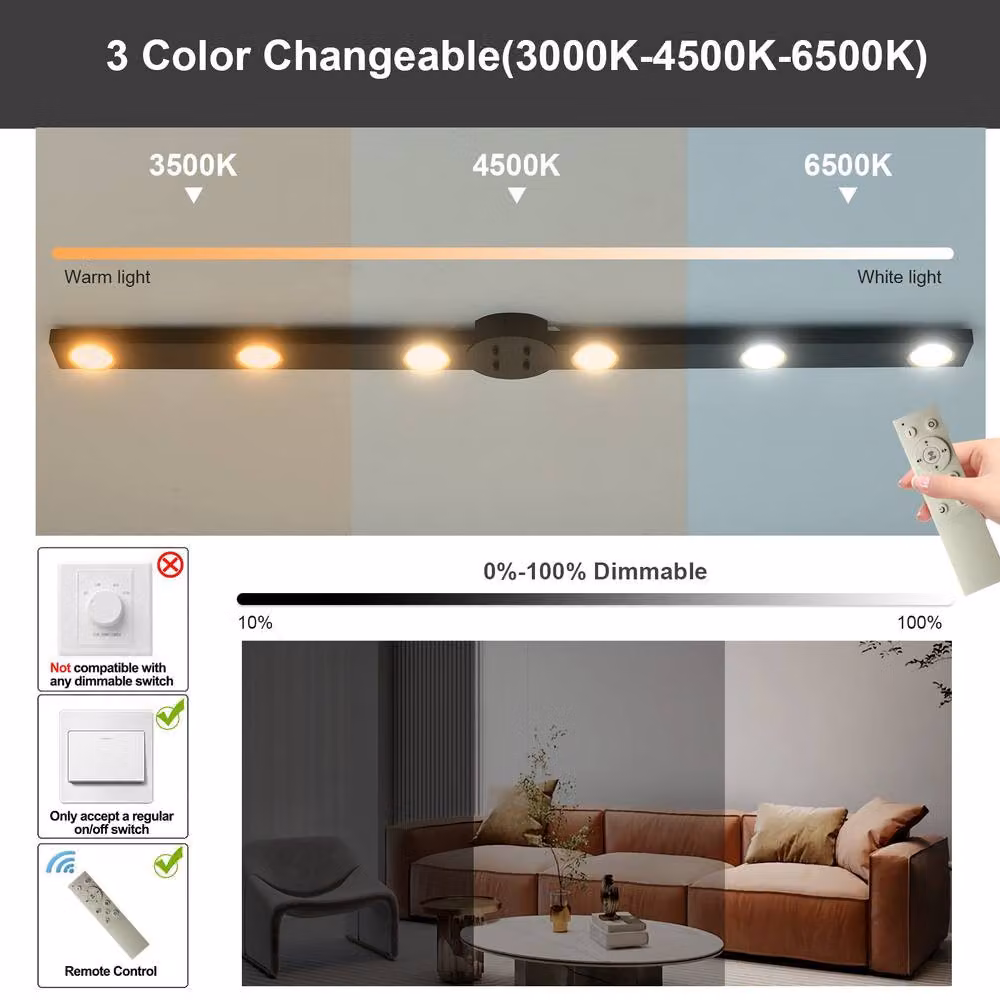 NIVOR Modern Dimmable LED Ceiling Light, 30W Black and Gold/Brass Metal Lamp with Remote Control and Timer, W: 120 cm – 3