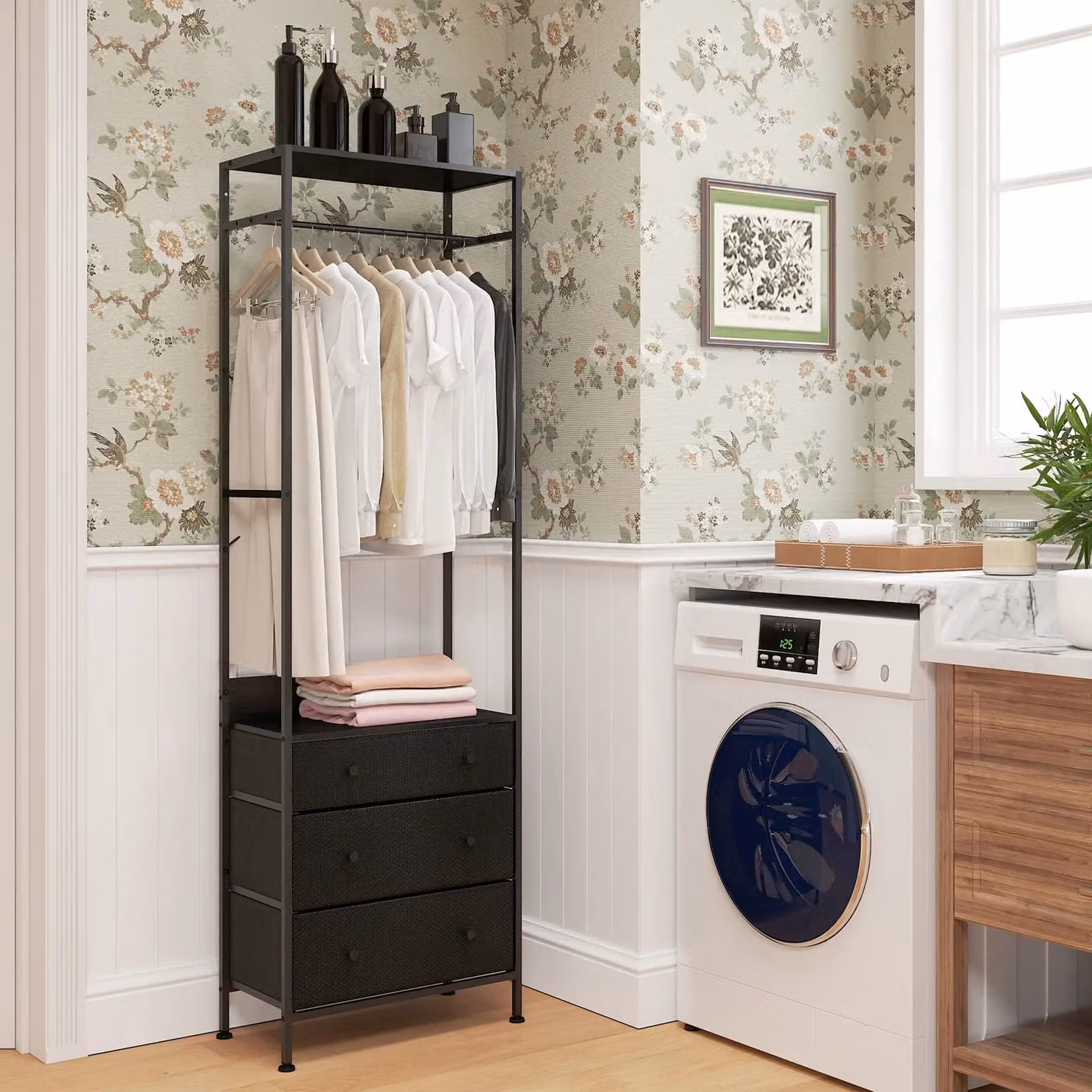 Gymax Freestanding Clothes Rack Closet Organiser with Drawers in Matt Black – 4