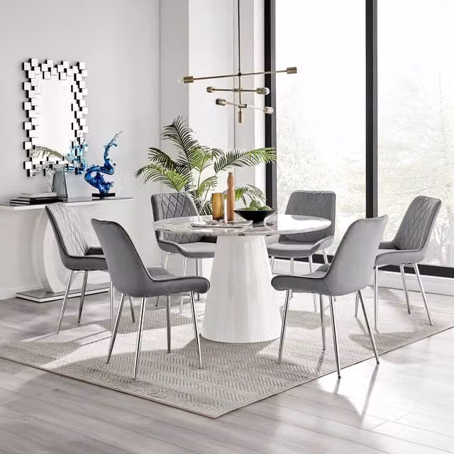 Furniturebox Palma Round White Marble Effect Dining Table and 6 Pesaro Silver Grey Chairs Set