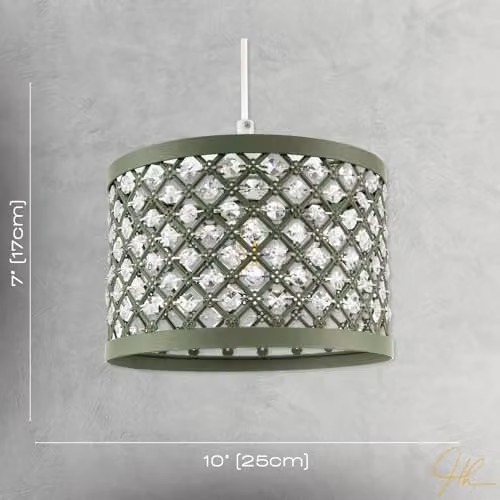 Happy Homewares Ornate Olive Green Metal Pendant Light Shade with Transparent Hexagonal Acrylic Beads, Shabby Chic Style, Diameter: 25 cm – 3