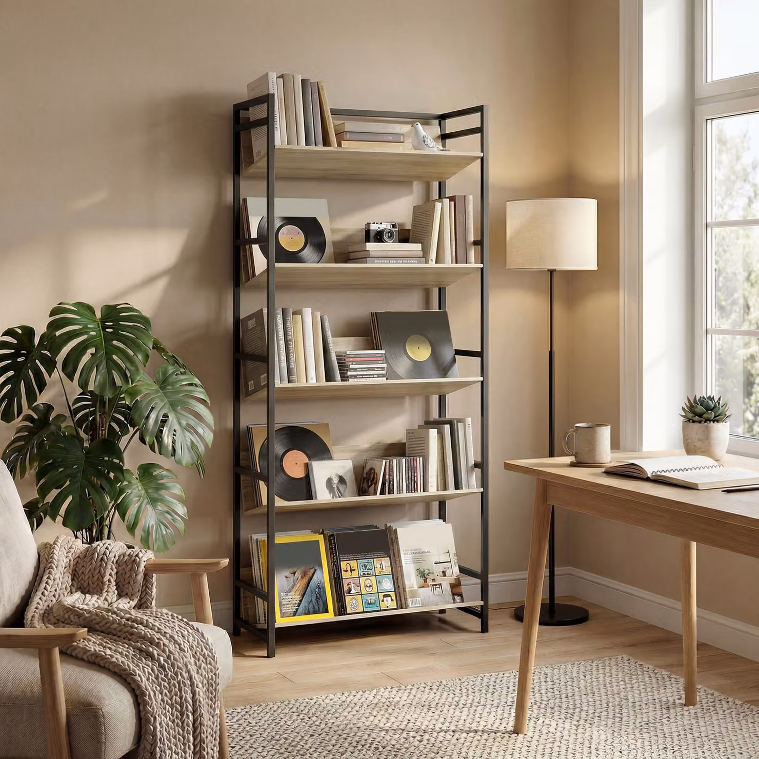 HOMCOM 5-Tier Industrial Oak and Metal Frame Bookshelf and Room Divider Storage Shelves – 6