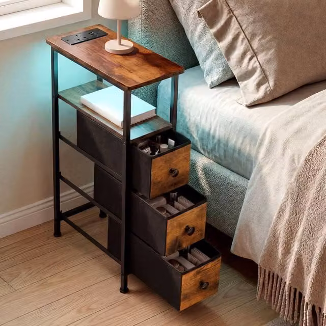 Levede Modern Brown Wood Bedside Table with Integrated LED Lighting and 3 Fabric Drawers