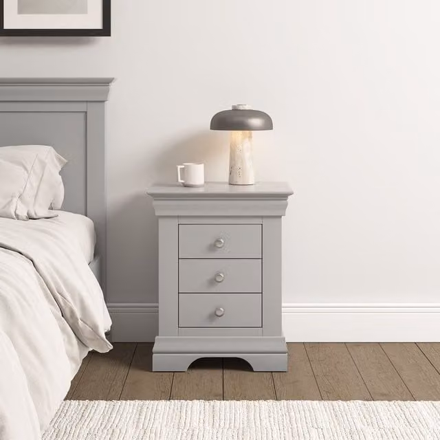 Seconique Bordeaux 3 Drawer Bedside Table in Light Grey
